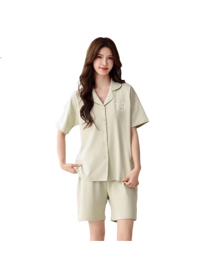 JOAE 100% Cotton High-End Women'S Pajamas Summer Thin Short Sleeve Shorts Cardigan Home Wear Fresh Green L - Image 2