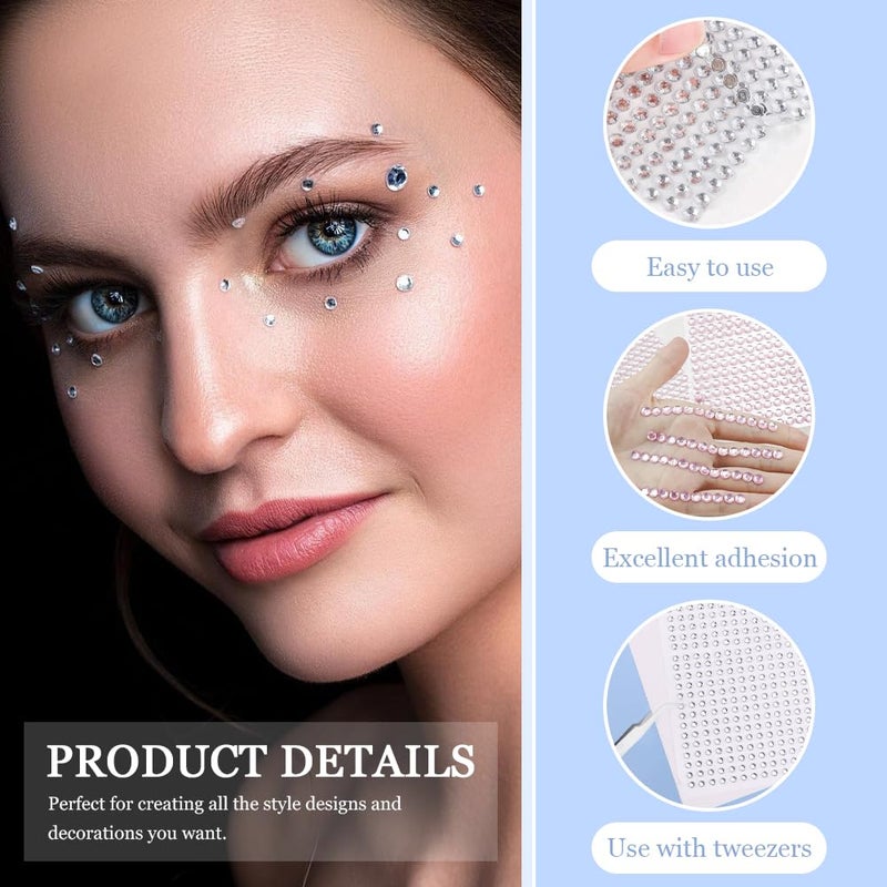 TRKETK 8 Sheets Rhinestone Face Sticker 3584 Pieces Self Adhesive Rhinestones with 1 Pieces Shiny Rhinestone Tweezers Adhesive for DIY Craft Nail Body Makeup Decoration (3/4/5/6mm) - Image 4