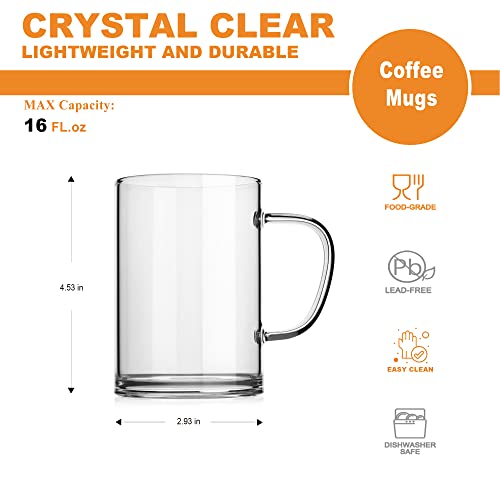 LUXU Glass Coffee Mugs 16 oz,Set of 4 Large Glass Coffee Cups Clear Tea Cups,Lead-Free Glasses Cups for Water,Latte,Milk-Flat Bottomed Design - Image 2