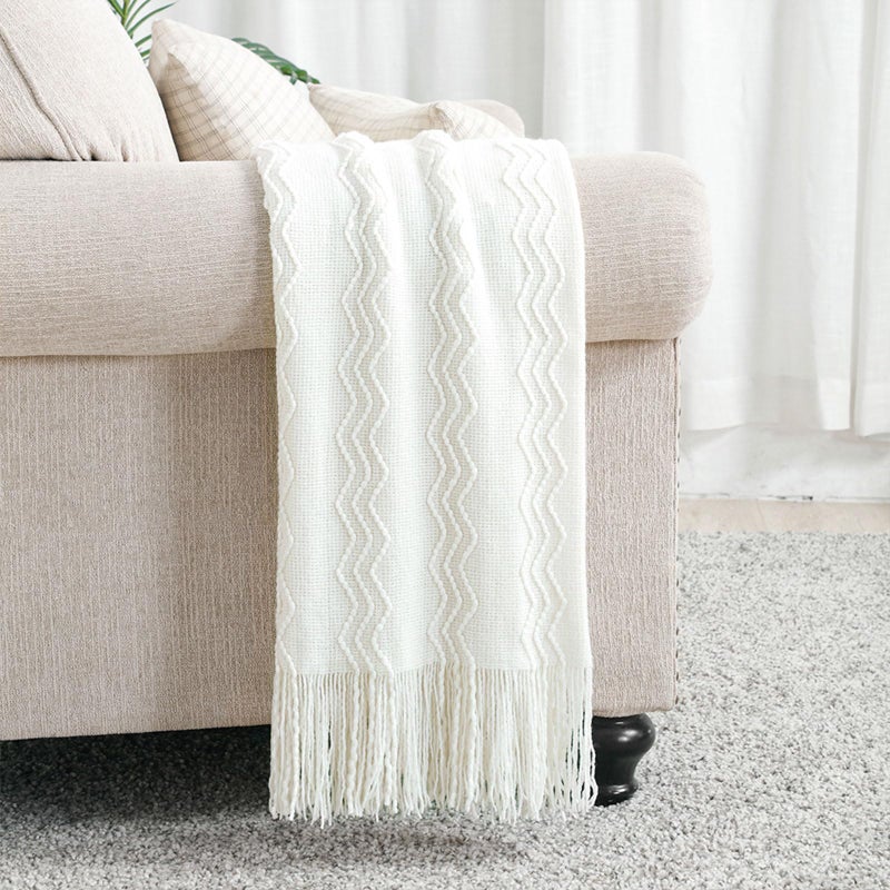 BOURINA Off White Throw Blanket 50x60 Inches Throw Textured Solid Soft Sofa Couch Decorative Knit Blanket - Image 2