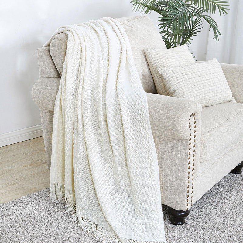 BOURINA Off White Throw Blanket 50x60 Inches Throw Textured Solid Soft Sofa Couch Decorative Knit Blanket - Image 4