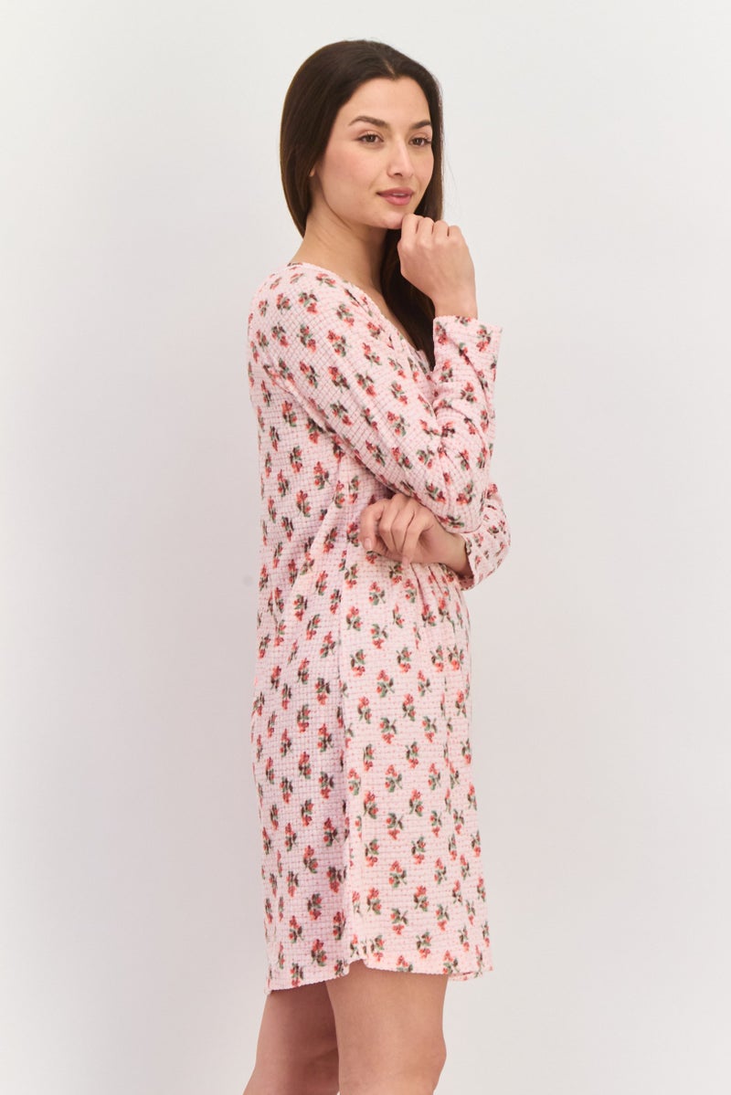 Carole Hochman فستان بيجاما قصير بأكمام طويلة مطبوعة للنساء، مجموعة وردية - Image 3