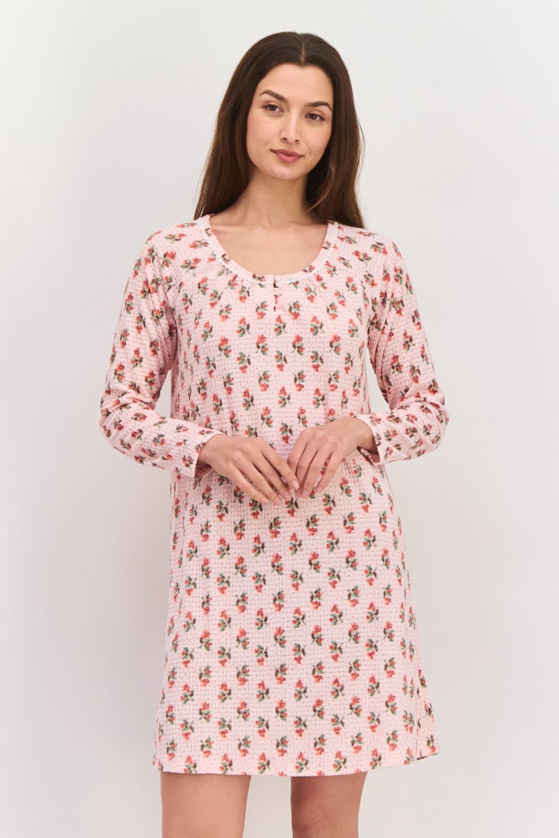 Carole Hochman فستان بيجاما قصير بأكمام طويلة مطبوعة للنساء، مجموعة وردية - Image 4