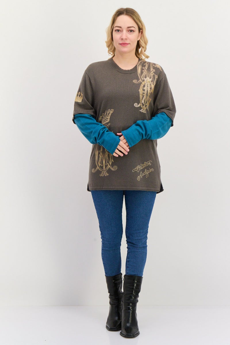 CHRISTIAN AUDIGIER Women Round Neck Embellished Sweater, Grey - Image 4