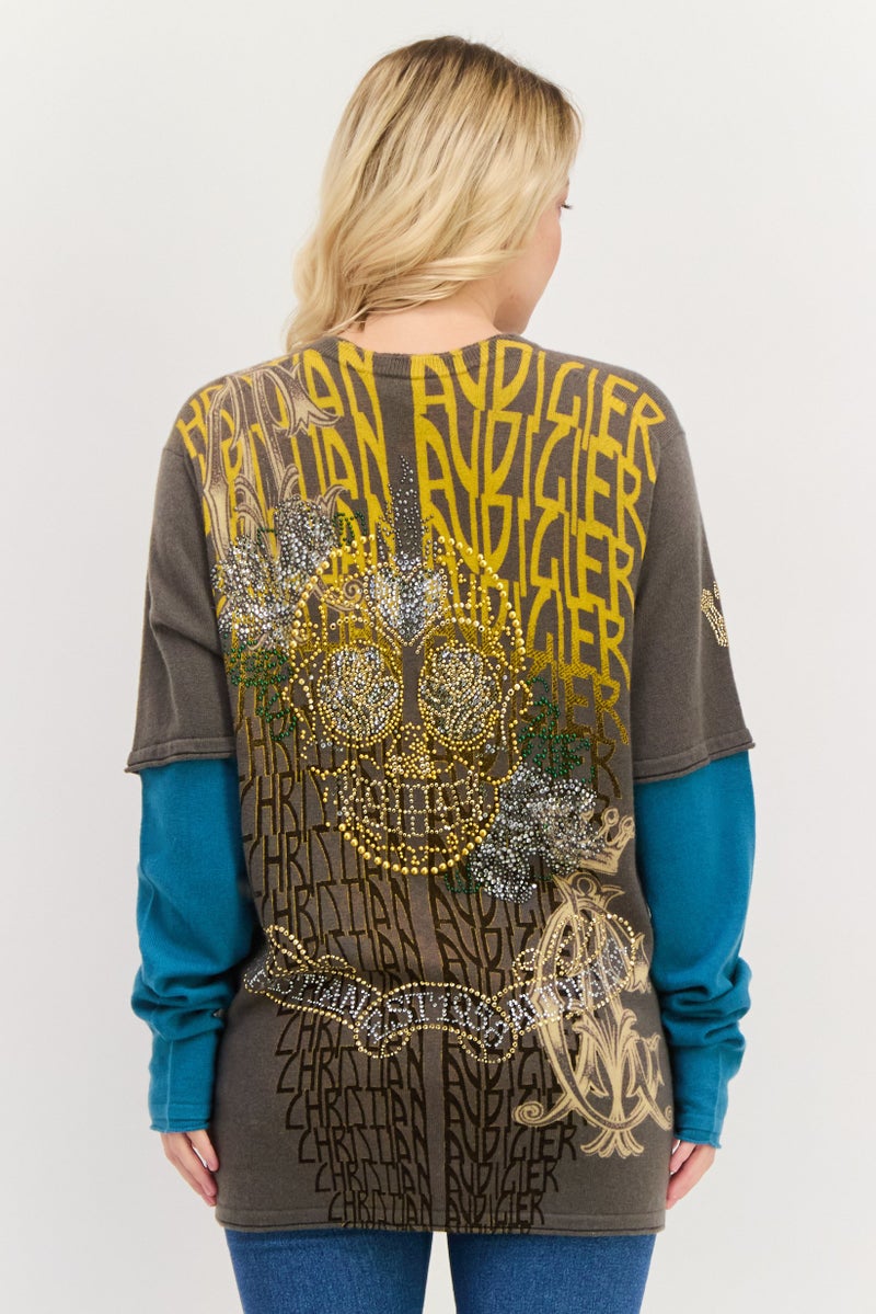 CHRISTIAN AUDIGIER Women Round Neck Embellished Sweater, Grey - Image 3