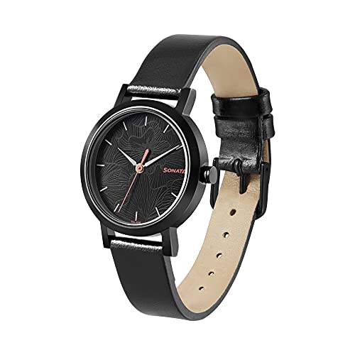 Sonata Linnea Quartz Analog Black Dial Black Leather Strap Watch for Women - NT8174NL01 - Image 4