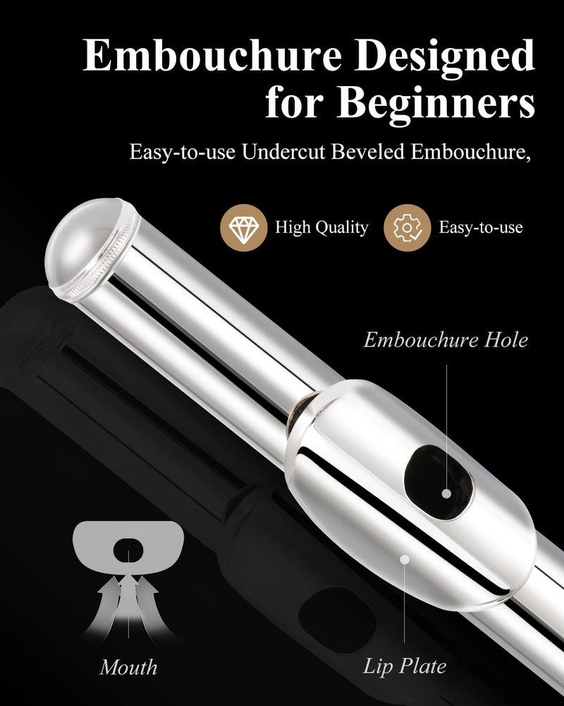 Eastar Closed Hole 16 Keys Flute for Beginner Kids Student with Cleaning Kit, Stand, Case, Gloves, Tuning Rod, Nickel, EFL-1 - Image 2