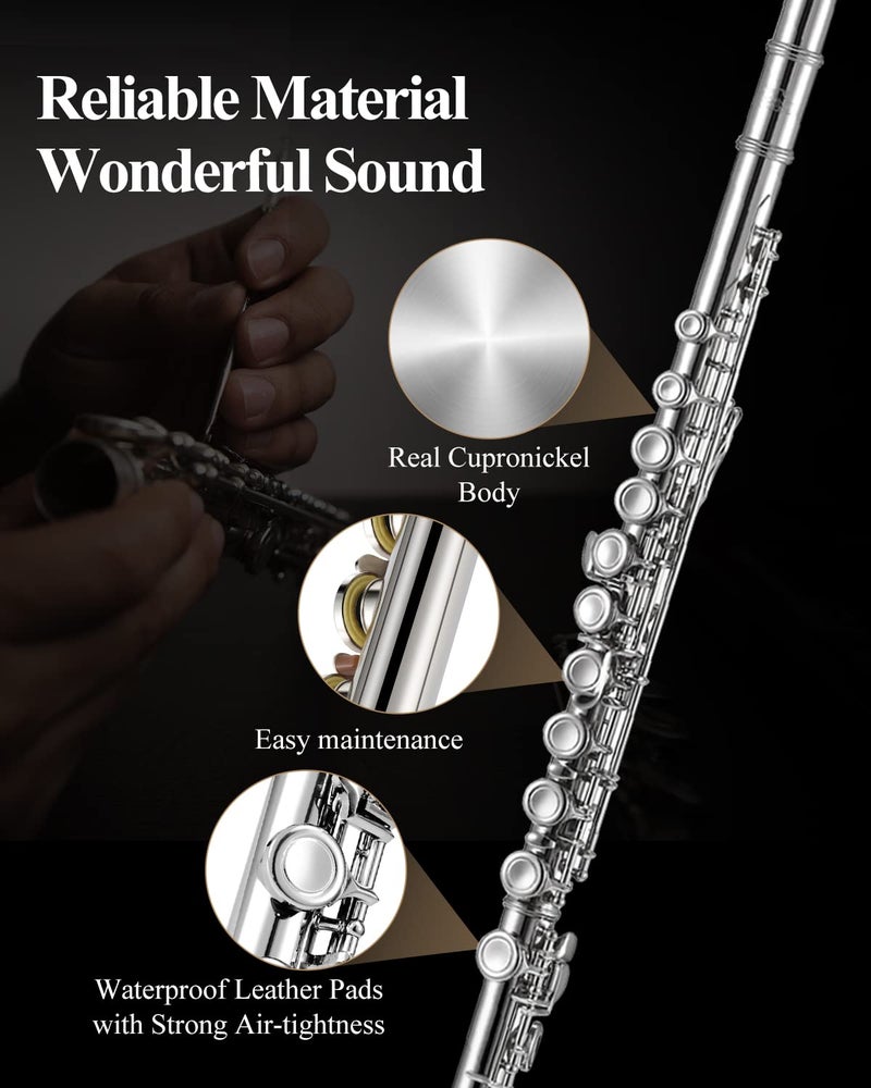 Eastar Closed Hole 16 Keys Flute for Beginner Kids Student with Cleaning Kit, Stand, Case, Gloves, Tuning Rod, Nickel, EFL-1 - Image 3