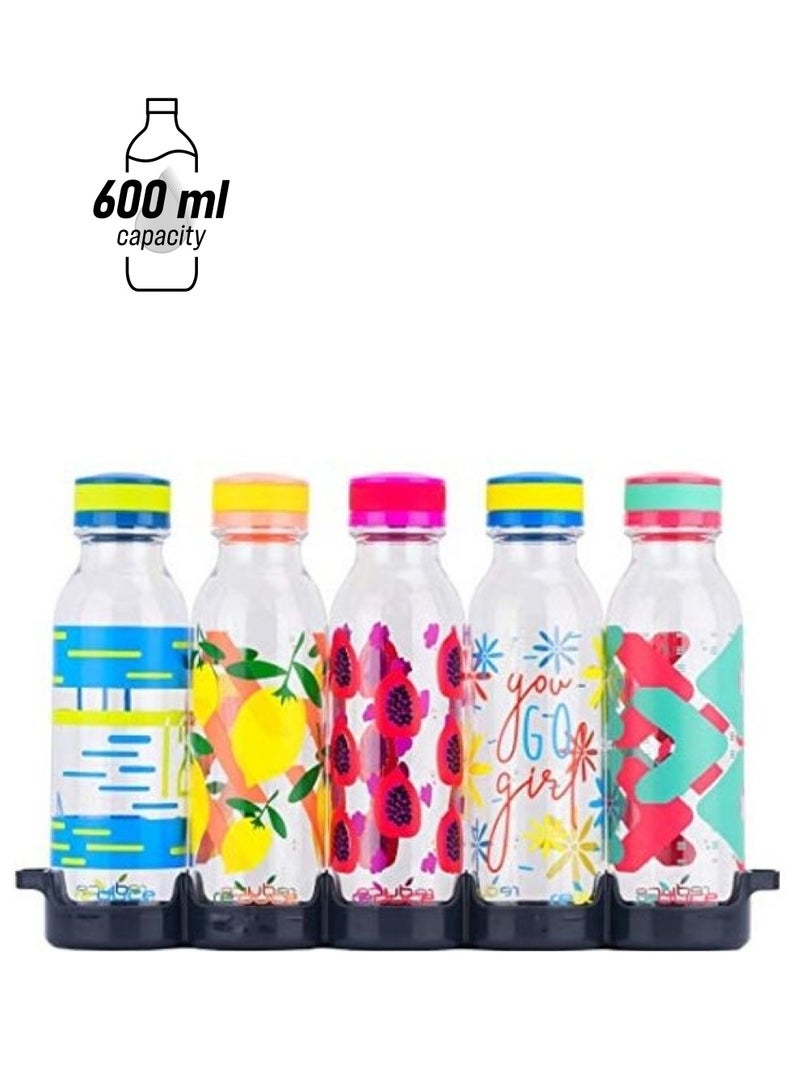 REDUCE WaterWeek Reusable Water Bottle Set, 20oz – Plastic Reusable Water Bottle Set of 5, Plus Fridge Tray – BPA-Free, Leak Proof Twist Off Cap – You Go Girl 20 Ounces