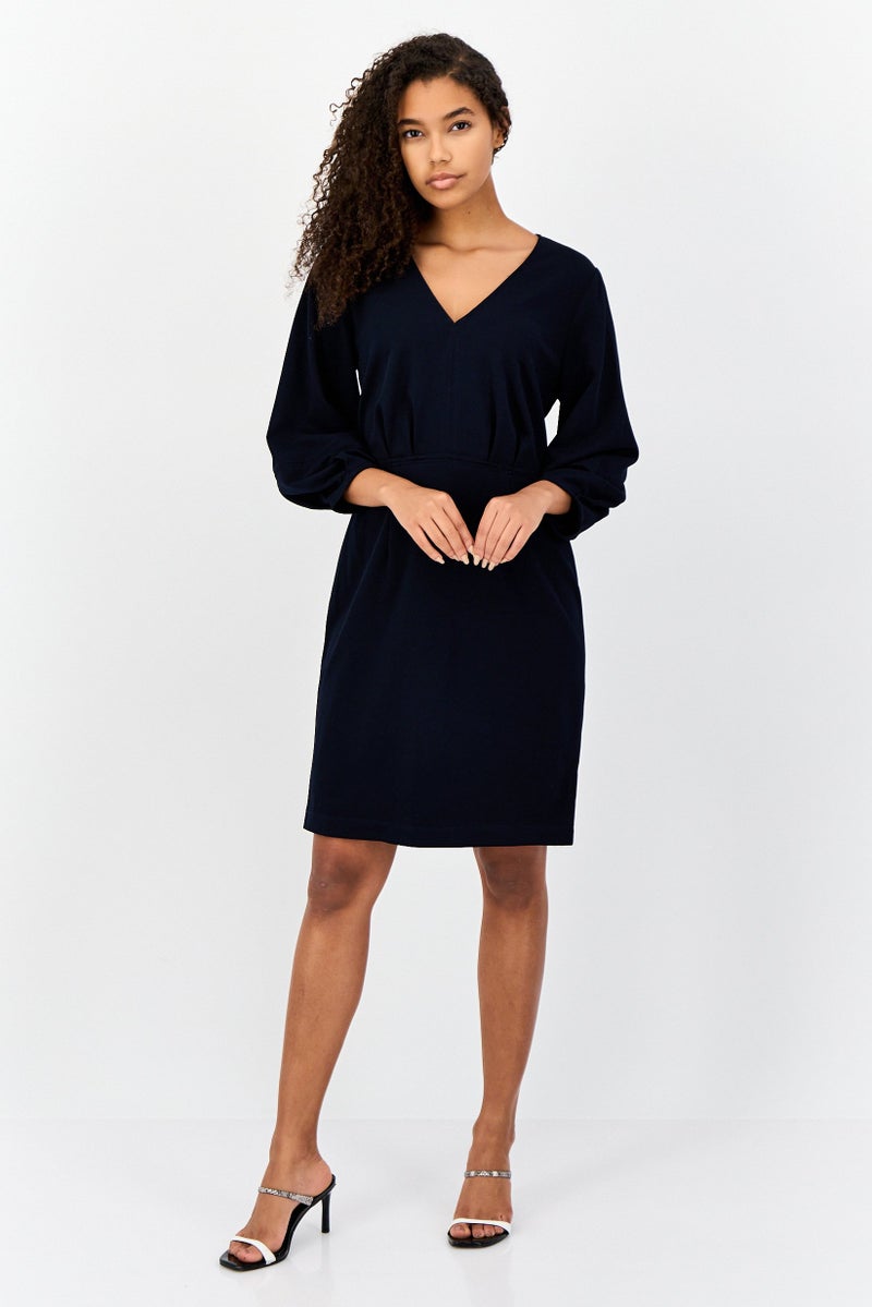 Donna Morgan Women Solid Pleated Detail Mini Dress, Navy - Image 3