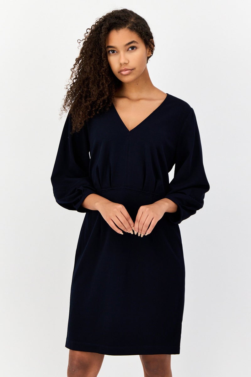 Donna Morgan Women Solid Pleated Detail Mini Dress, Navy - Image 1