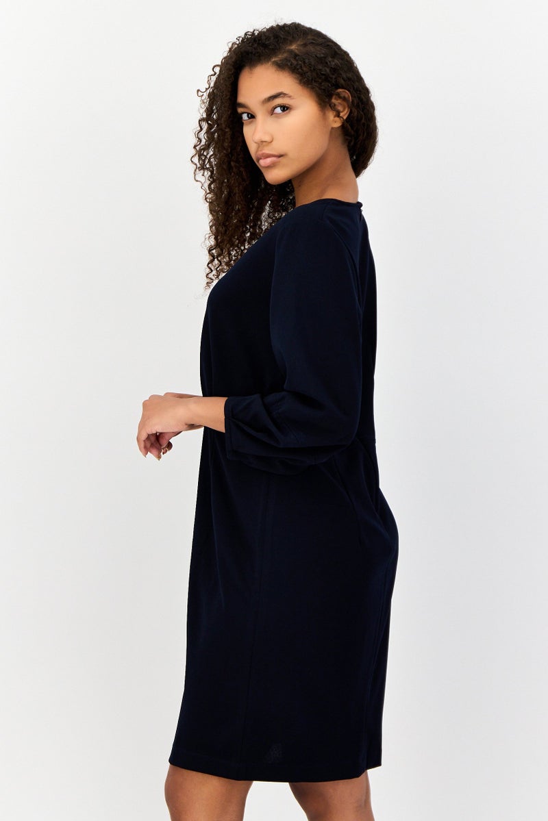 Donna Morgan Women Solid Pleated Detail Mini Dress, Navy - Image 4
