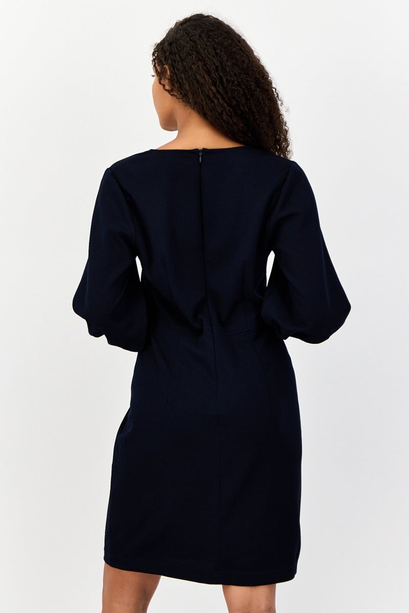 Donna Morgan Women Solid Pleated Detail Mini Dress, Navy - Image 4