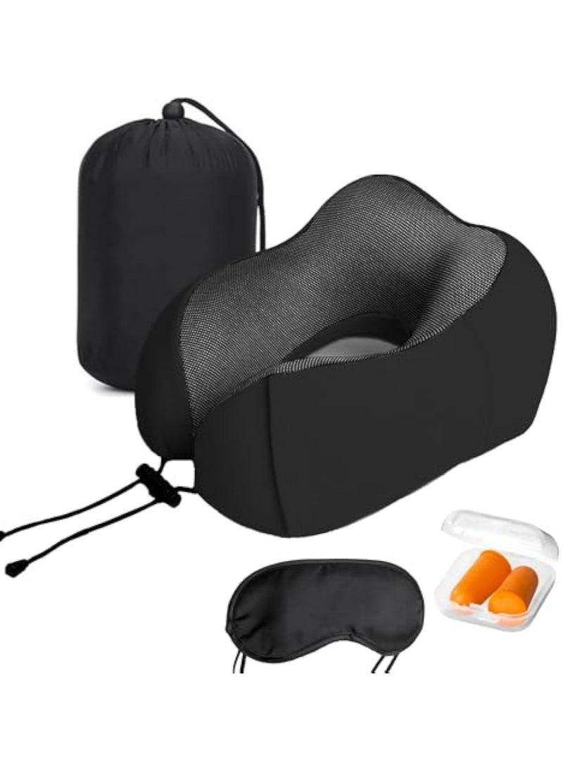 Arabest وسادة سفر للرقبة مع غطاء عين وسدادات أذن من رغوة الذاكرة النقية لدعم الرأس للطائرة والسيارة والمنزل لتخفيف آلام الرقبة والكتف وسادة ناعمة للسفر والنوم (أسود) - Image 1