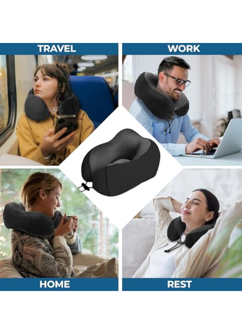 Arabest وسادة سفر للرقبة مع غطاء عين وسدادات أذن من رغوة الذاكرة النقية لدعم الرأس للطائرة والسيارة والمنزل لتخفيف آلام الرقبة والكتف وسادة ناعمة للسفر والنوم (أسود) - Image 3
