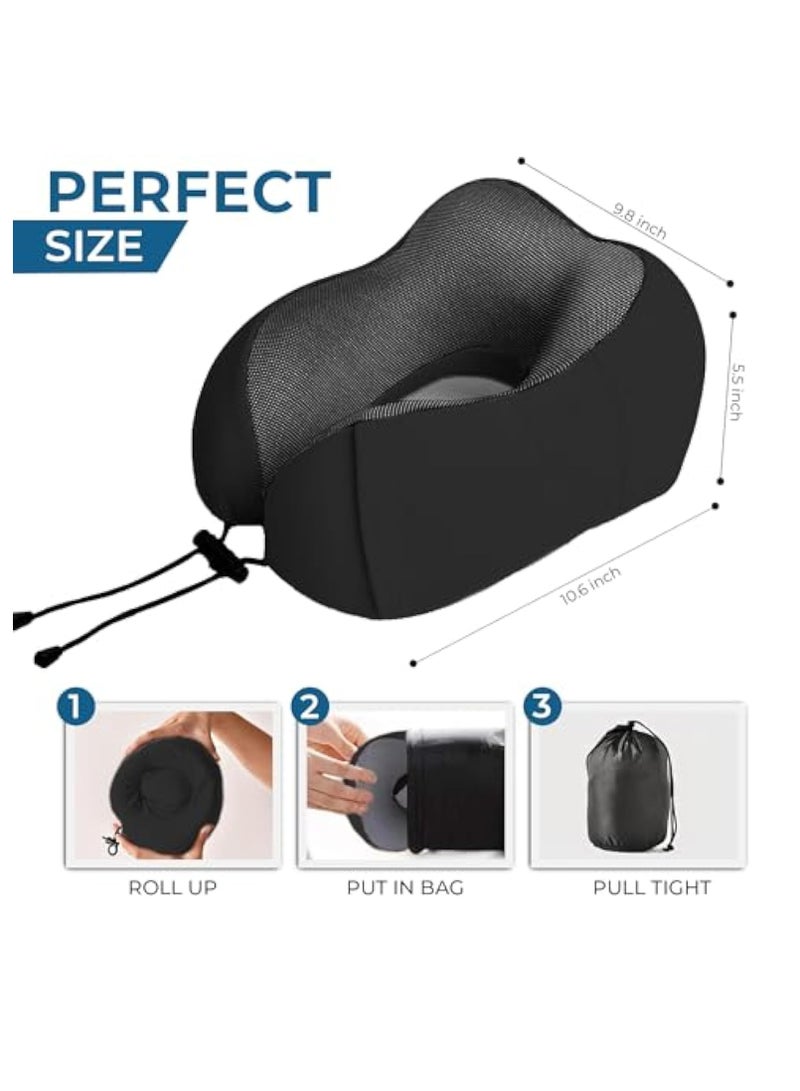 Arabest وسادة سفر للرقبة مع غطاء عين وسدادات أذن من رغوة الذاكرة النقية لدعم الرأس للطائرة والسيارة والمنزل لتخفيف آلام الرقبة والكتف وسادة ناعمة للسفر والنوم (أسود) - Image 2