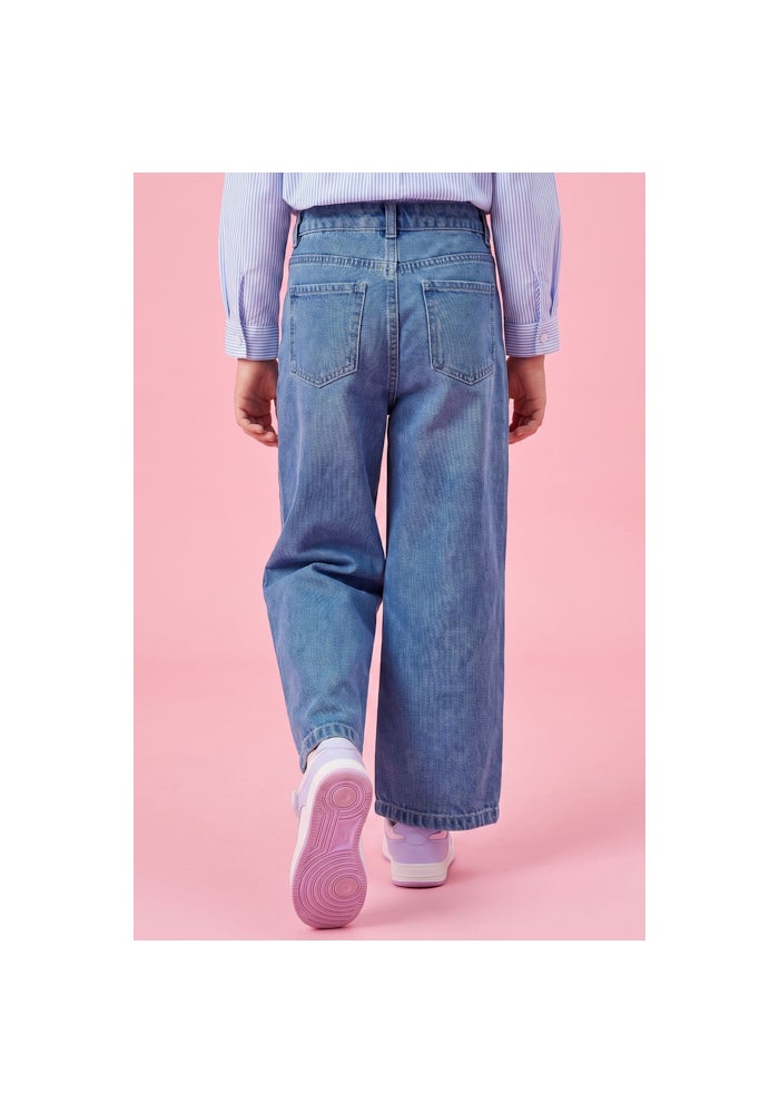 R&B Stitch Print Wide Leg Jeans with Button Closure - Image 4