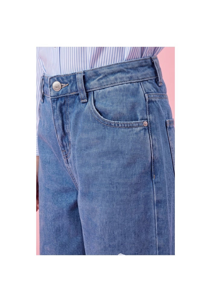 R&B Stitch Print Wide Leg Jeans with Button Closure - Image 5