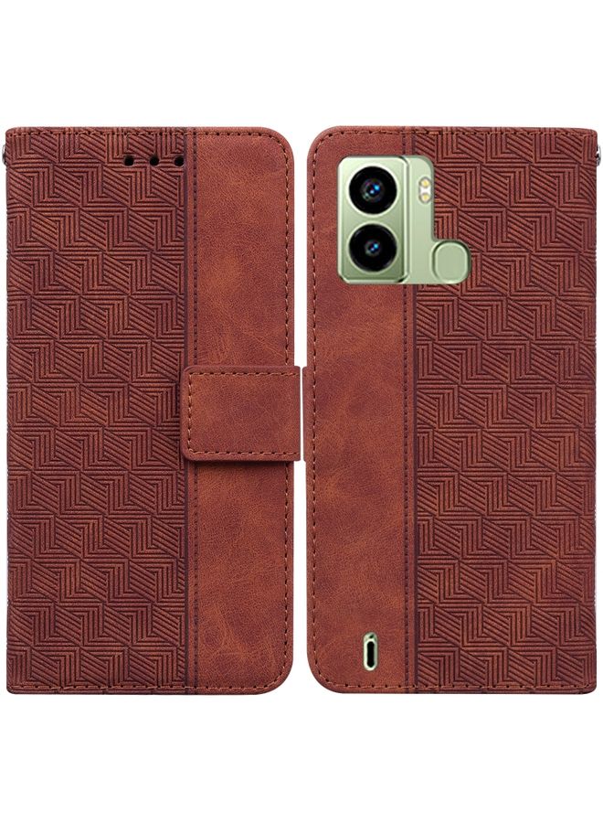 HuHa Screen Protector For Tecno Pop 6 Fingerprint Geometric Embossed Flip Leather Phone Case(Brown)