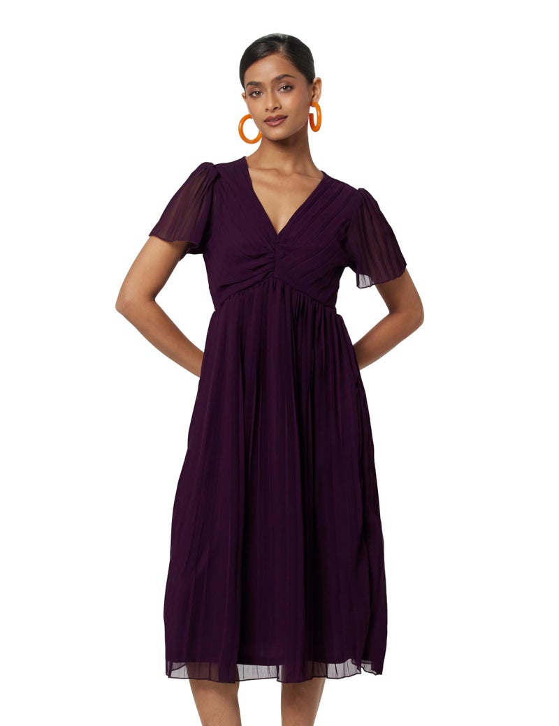 Styli Women's Pleated V-Neck Midi Dress | Elegant Flared Dress with A-Line Silhouette for Casual, Office Comfortable Daily & Evening Outfit for Stylish Looks | Purple_S - Image 1