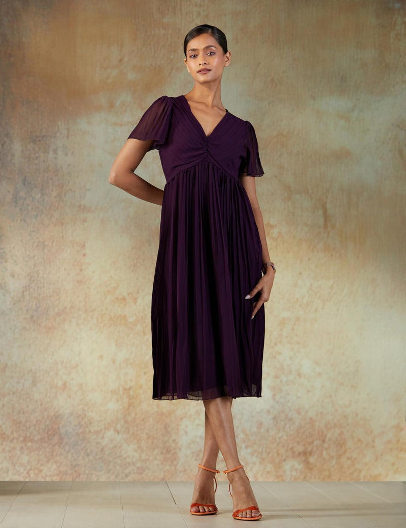 Styli Women's Pleated V-Neck Midi Dress | Elegant Flared Dress with A-Line Silhouette for Casual, Office Comfortable Daily & Evening Outfit for Stylish Looks | Purple_S - Image 2