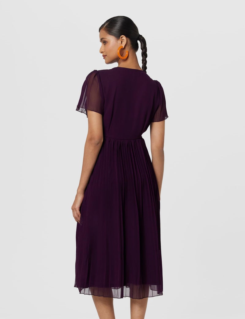 Styli Women's Pleated V-Neck Midi Dress | Elegant Flared Dress with A-Line Silhouette for Casual, Office Comfortable Daily & Evening Outfit for Stylish Looks | Purple_S - Image 3
