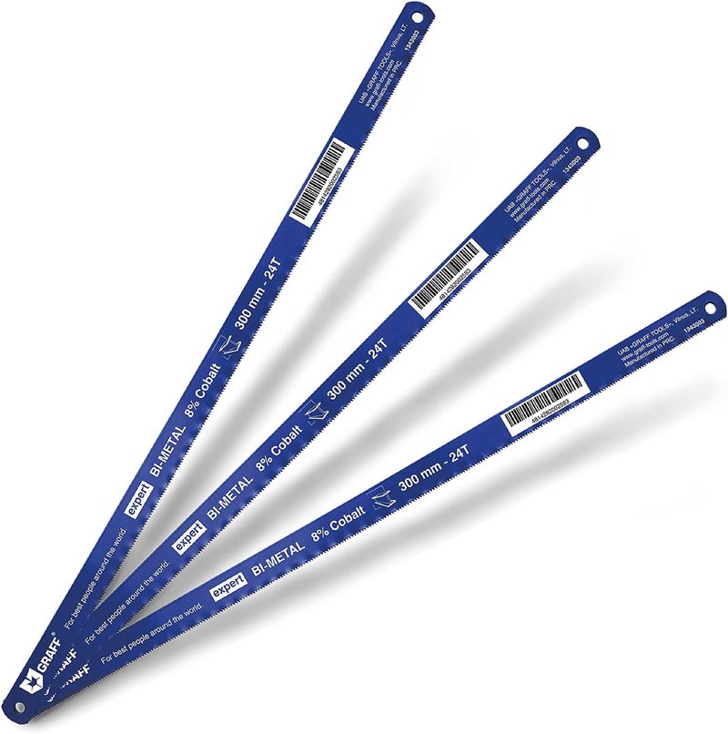 GRAFF 8% Cobalt Premium Hacksaw Blades 12 Inch for Stainless Steel and Metal Cutting 24 tpi - Handsaw Blades Replacement Bi-Metal - Image 1