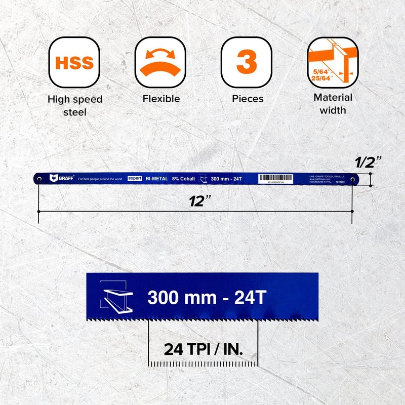 GRAFF 8% Cobalt Premium Hacksaw Blades 12 Inch for Stainless Steel and Metal Cutting 24 tpi - Handsaw Blades Replacement Bi-Metal - Image 3