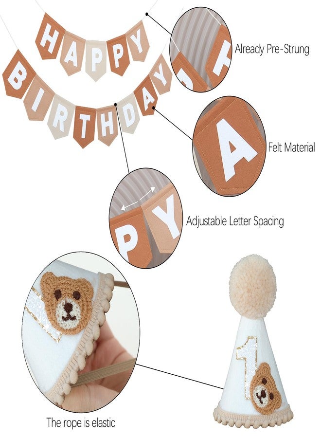 DCJHFJ Bear First Brown Felt Happy Birthday High Chair Banner Pre-strung Birthday Hanging Decoration With Birthday Hat One Cake Topper For 1st Birthday Party Decor - Image 3