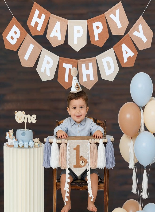 DCJHFJ Bear First Brown Felt Happy Birthday High Chair Banner Pre-strung Birthday Hanging Decoration With Birthday Hat One Cake Topper For 1st Birthday Party Decor - Image 2