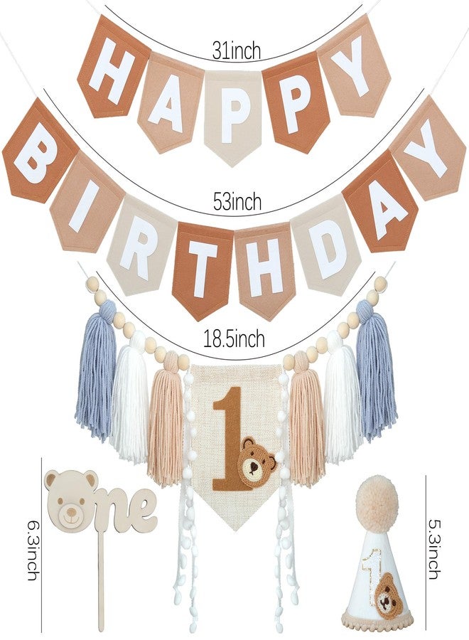 DCJHFJ Bear First Brown Felt Happy Birthday High Chair Banner Pre-strung Birthday Hanging Decoration With Birthday Hat One Cake Topper For 1st Birthday Party Decor - Image 5
