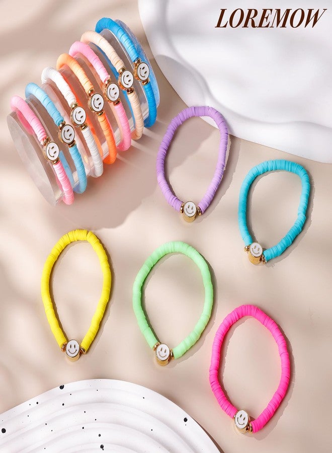 LOREMOW 12 Pcs Preppy Friendship Bracelets for Women Smile Face Stackable Beaded Colorful Surfer Heishi Clay Bracelets Stretch Bracelets Boho Elastic Bracelets for Party Favors A - Image 3