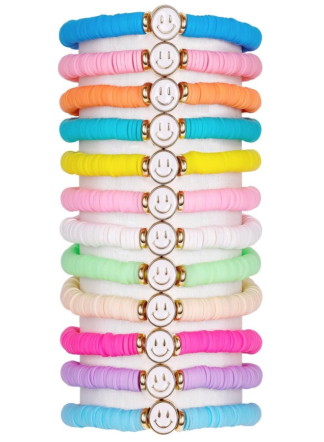 LOREMOW 12 Pcs Preppy Friendship Bracelets for Women Smile Face Stackable Beaded Colorful Surfer Heishi Clay Bracelets Stretch Bracelets Boho Elastic Bracelets for Party Favors A - Image 1