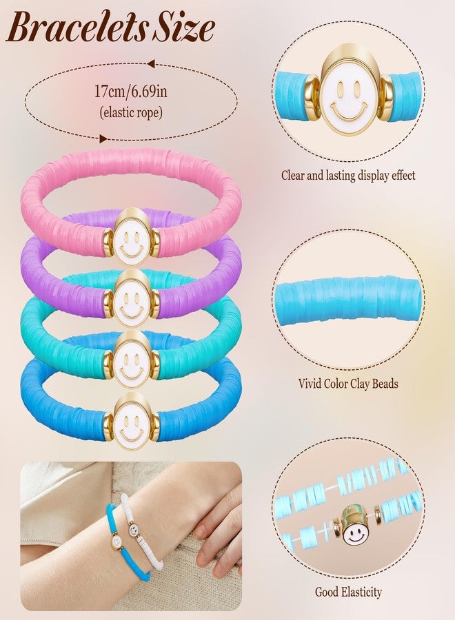 LOREMOW 12 Pcs Preppy Friendship Bracelets for Women Smile Face Stackable Beaded Colorful Surfer Heishi Clay Bracelets Stretch Bracelets Boho Elastic Bracelets for Party Favors A - Image 2