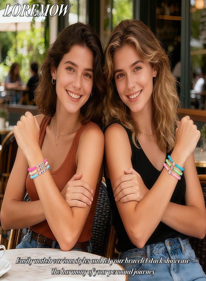 LOREMOW 12 Pcs Preppy Friendship Bracelets for Women Smile Face Stackable Beaded Colorful Surfer Heishi Clay Bracelets Stretch Bracelets Boho Elastic Bracelets for Party Favors A - Image 5