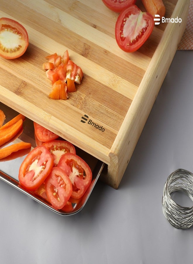 Bmado Bamboo Cutting Board with Stainless Steel Tray - (Medium) Wooden Chopping Board with Pull-Out Sliding Drawer Container (33 x 23 x 6 cm) for Kitchen & Food Prep - Image 4