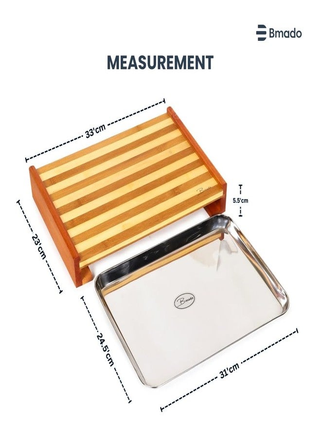Bmado Bamboo Cutting Board with Stainless Steel Tray - (Medium) Wooden Chopping Board with Pull-Out Sliding Drawer Container (33 x 23 x 6 cm) for Kitchen & Food Prep - Image 3