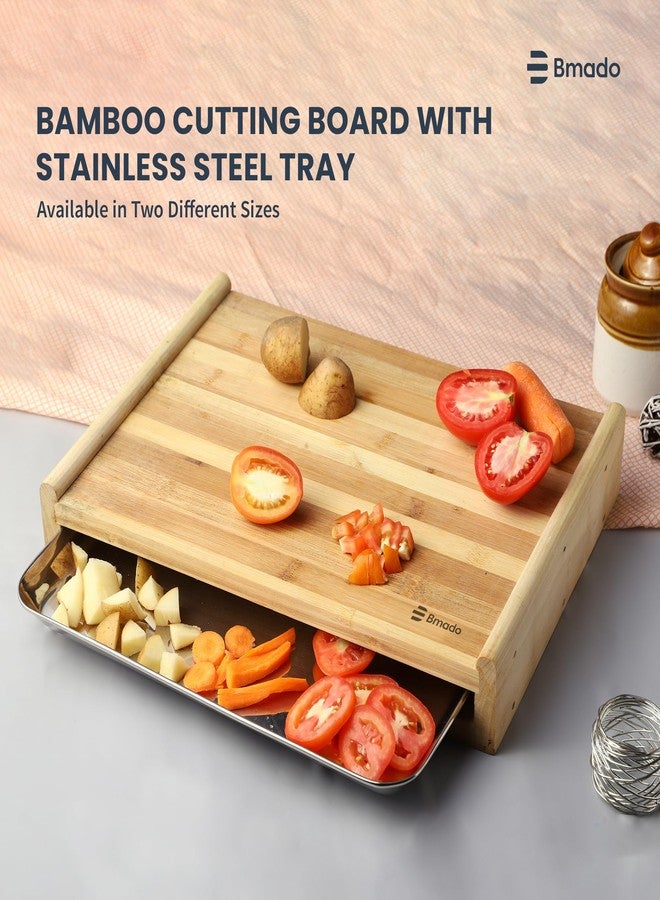 Bmado Bamboo Cutting Board with Stainless Steel Tray - (Medium) Wooden Chopping Board with Pull-Out Sliding Drawer Container (33 x 23 x 6 cm) for Kitchen & Food Prep - Image 5