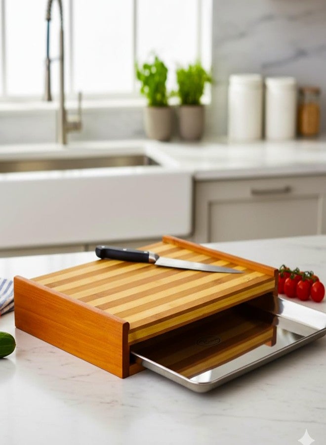 Bmado Bamboo Cutting Board with Stainless Steel Tray - (Medium) Wooden Chopping Board with Pull-Out Sliding Drawer Container (33 x 23 x 6 cm) for Kitchen & Food Prep - Image 2