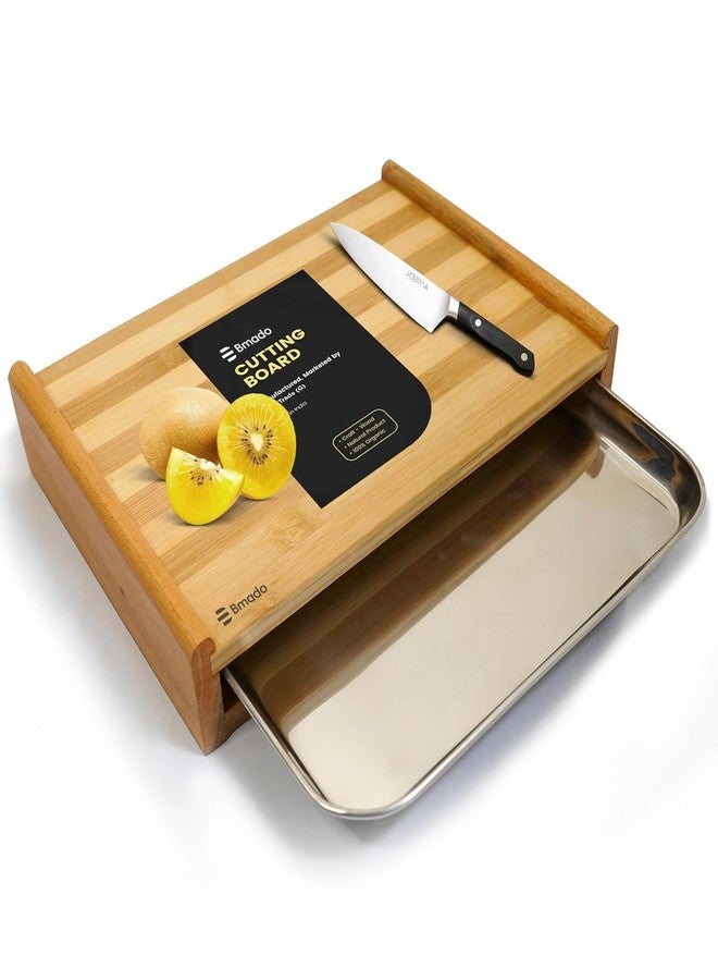 Bmado Bamboo Cutting Board with Stainless Steel Tray - (Medium) Wooden Chopping Board with Pull-Out Sliding Drawer Container (33 x 23 x 6 cm) for Kitchen & Food Prep - Image 1