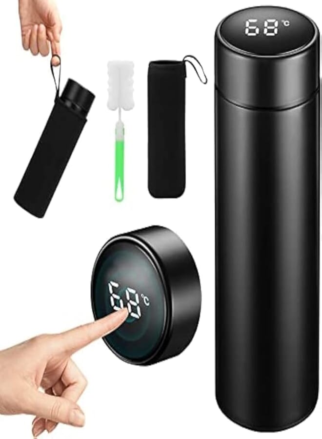 Spaceshoop Thermos Flask, LED Temperature Touch Screen, 500ml Built-in Insulated Cup, Coffee Mug, Take and Drink Bottle, Bottle (black)