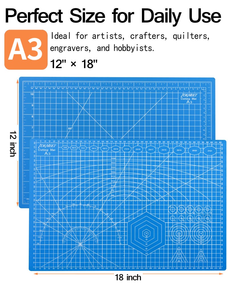 Idemeet Density-upgraded 18"x12" Self Healing Cutting Mat, Idemeet Rotary Sewing Mat for Crafts, 5-Ply Blade Table Protector Cut Board for Fabric Leather Cutting Quilting Modeling Hobby Project, A3, Blue - Image 2