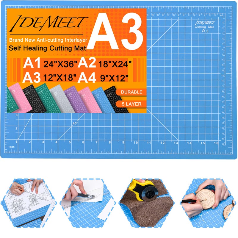Idemeet Density-upgraded 18"x12" Self Healing Cutting Mat, Idemeet Rotary Sewing Mat for Crafts, 5-Ply Blade Table Protector Cut Board for Fabric Leather Cutting Quilting Modeling Hobby Project, A3, Blue - Image 1