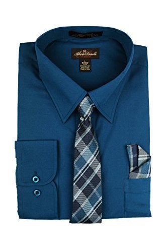 Alberto Danelli Men's Long Sleeve Dress Shirt with Matching Tie and Handkerchief, Large / 16-16.5 Neck -34/35 Sleeve, Peacock - Image 5
