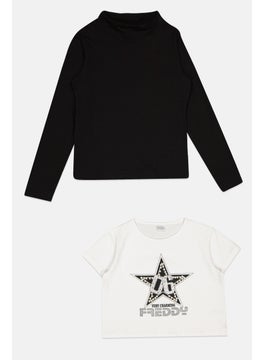 Kids Girl 2 Pcs High Neck Long Sleeves Brand Logo Top, Black