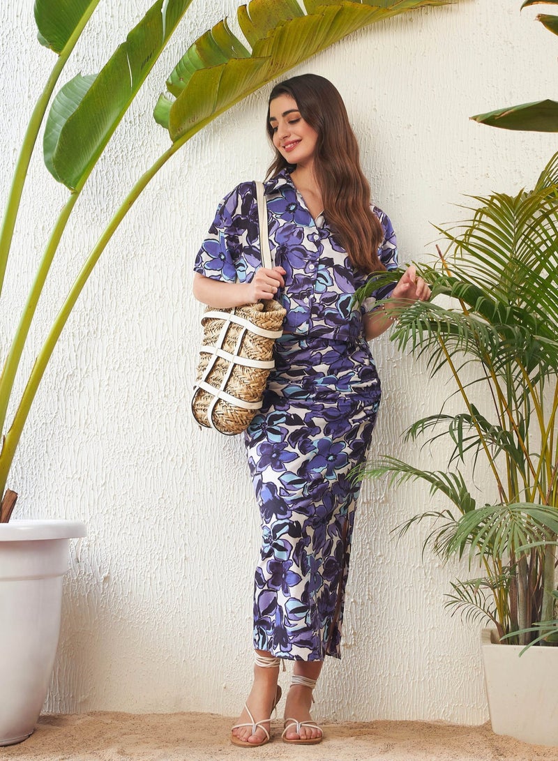 PRASHA Women Purple Floral Crop Shirt With Side Ruched Maxi Skirt - Image 2