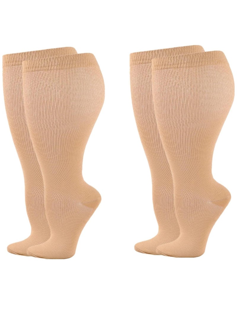 KASTWAVE Wide Calf Compression Socks for Women Men, 2 Pairs Plus Size Extra Large Size Support Socks Stockings Reduces Swelling & Pain for Nurses Running Pregnant Travel Flight 20-25 mmHg（L  Flesh color）  - Image 1