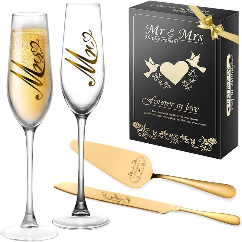 Bltnever Mr and Mrs Champagne Flutes, Bride and Groom Champagne Glasses, Wedding Cake Knife and Server Set, Cake Cutting Set for Wedding, Bridal Shower Gifts, Engagement Gifts for Couples (Gold, Set of 4) - Image 1