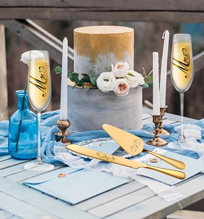 Bltnever Mr and Mrs Champagne Flutes, Bride and Groom Champagne Glasses, Wedding Cake Knife and Server Set, Cake Cutting Set for Wedding, Bridal Shower Gifts, Engagement Gifts for Couples (Gold, Set of 4) - Image 3