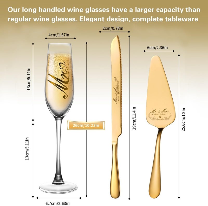Bltnever Mr and Mrs Champagne Flutes, Bride and Groom Champagne Glasses, Wedding Cake Knife and Server Set, Cake Cutting Set for Wedding, Bridal Shower Gifts, Engagement Gifts for Couples (Gold, Set of 4) - Image 4